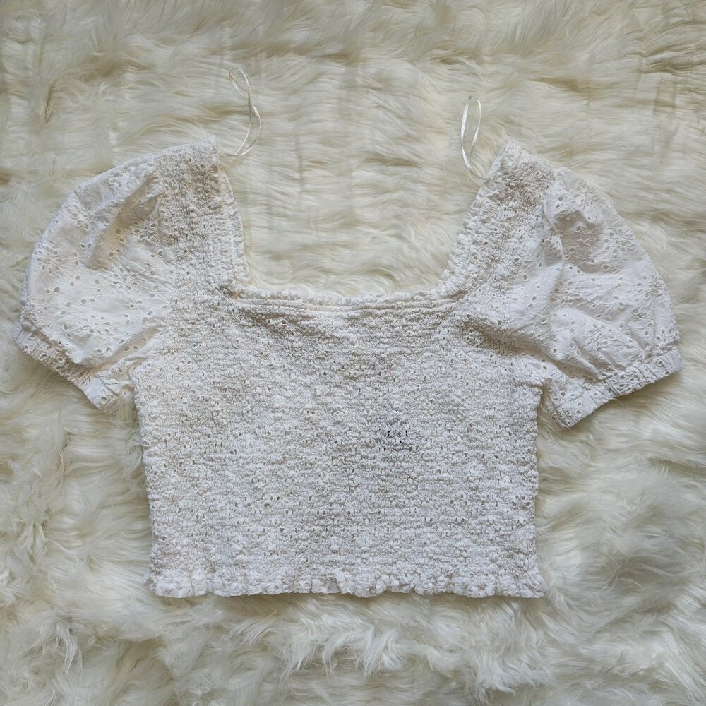 ASTR White Smocked Eyelet Puff Sleeve Crop Top, SIZE Large